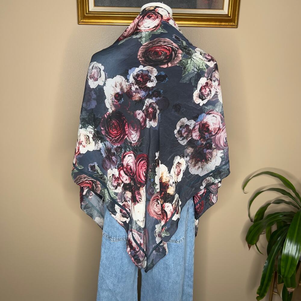 Silk Dark Gray Floral Moody Rose Scarf Vintage Romance